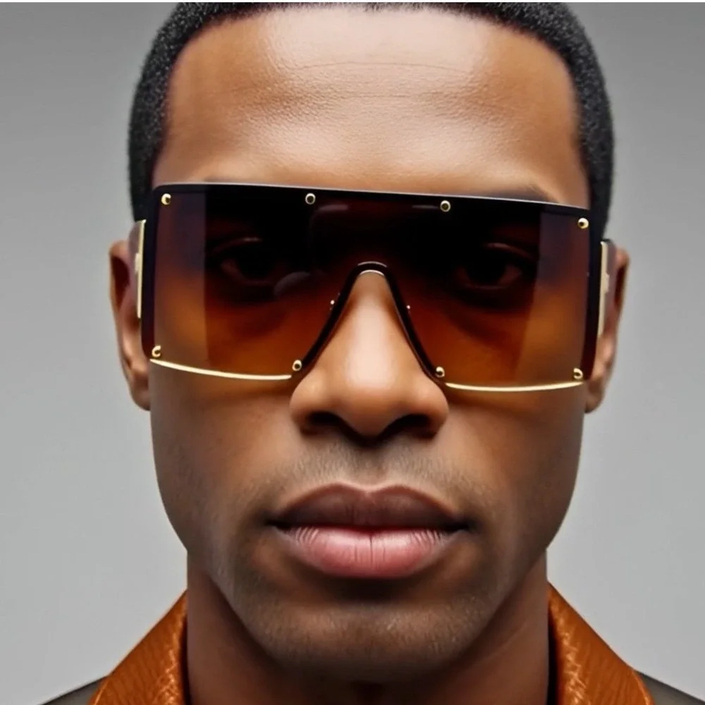Shield Sunglasses Men Oversized Flat Top Rivet Detail‎ Brown Fashion Luxury